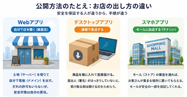 公開方法のたとえ: Webアプリは自分で店を開く路面店、デスクトップアプリは通販で直送、スマホアプリはモールに出店するテナント
