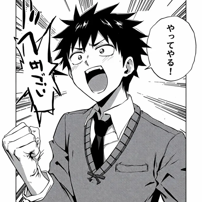 ChatGPT で吹き出しの文字だけを「やってやる！」に直したマンガ。絵は元のまま
