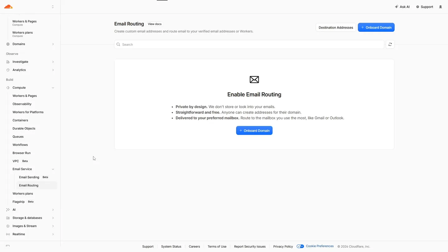 Email Routing の未有効化の画面。Enable Email Routing の見出しの下に Private by design・Straightforward and free・Delivered to your preferred mailbox の3項目と Onboard Domain のボタン