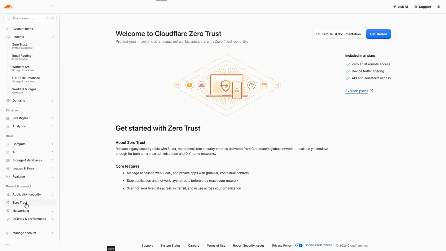 Welcome to Cloudflare Zero Trust の画面。右に Included in all plans として Zero Trust remote access・Device traffic filtering・API and Terraform access の3項目