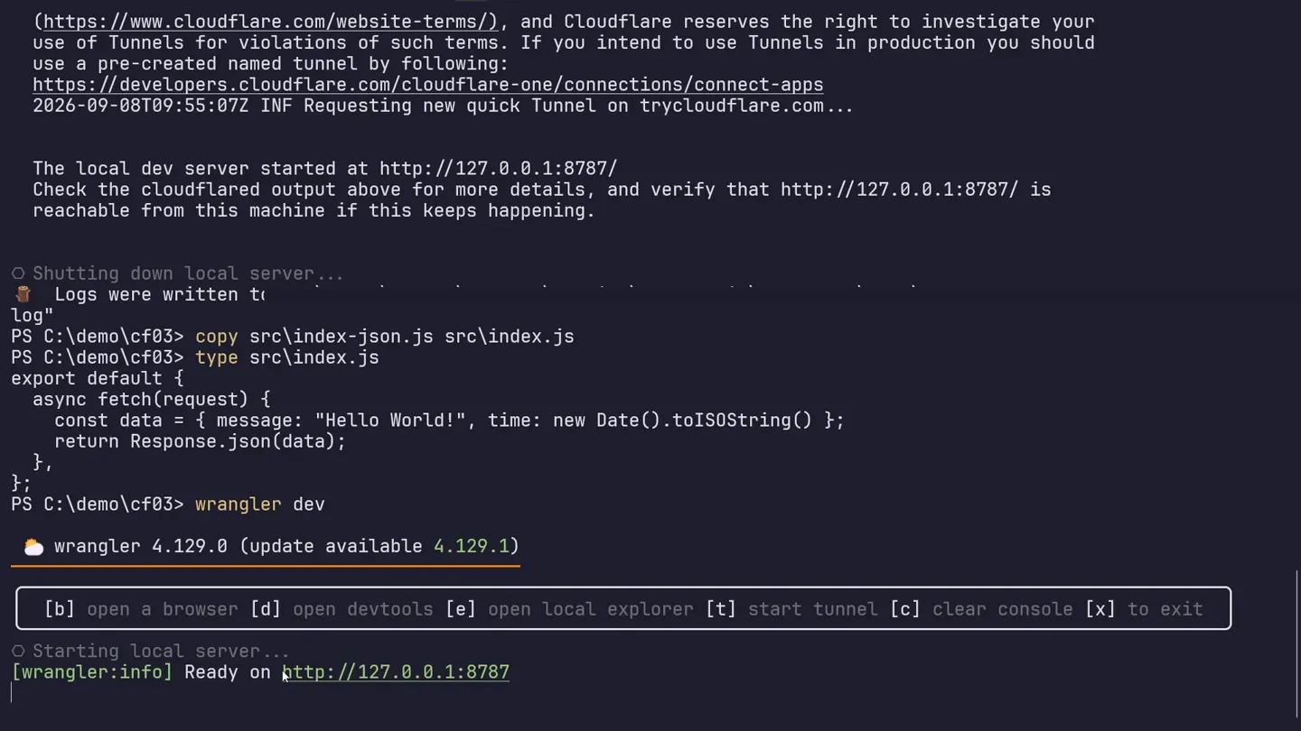 ターミナルで JSON を返す版のコードを表示し、wrangler dev で起動し直したところ