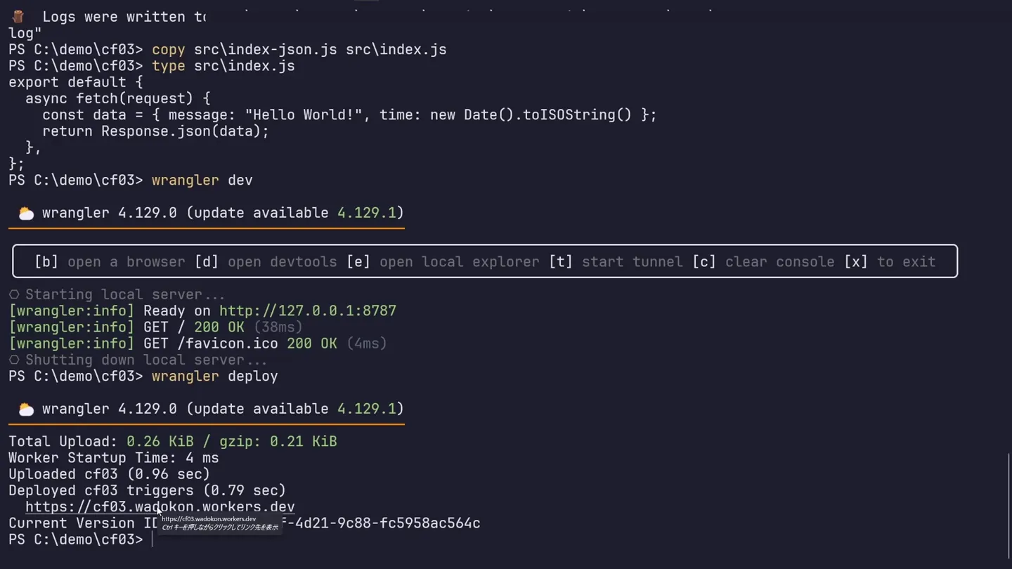 ターミナルで wrangler deploy を実行した結果。Total Upload 0.26 KiB、Worker Startup Time 4 ms、Deployed cf03 triggers、公開URLと Current Version ID が表示されている