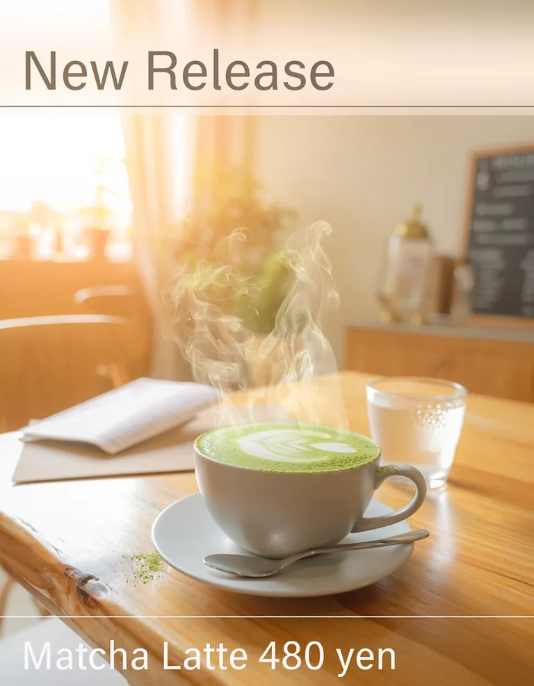 Adobe Firefly（Firefly Image 5）で生成した抹茶ラテの広告ポスター。木のテーブルに湯気の立つラテアートのカップ。上に New Release、下に Matcha Latte 480 yen の英字