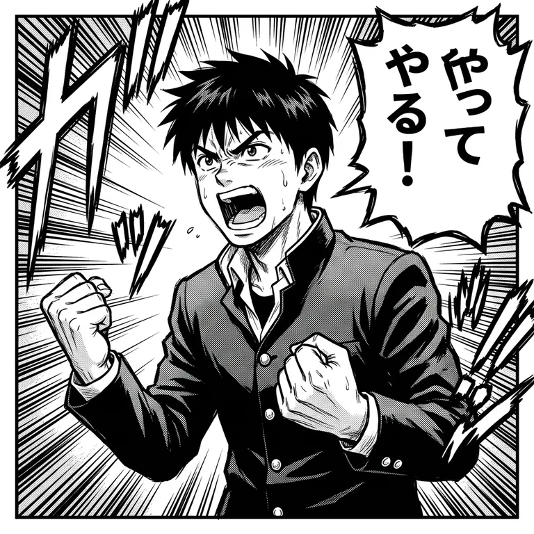 白黒の少年マンガの1コマ。制服の男子高校生が拳を握って叫んでいる。集中線と汗、吹き出しに「やってやる！」の日本語