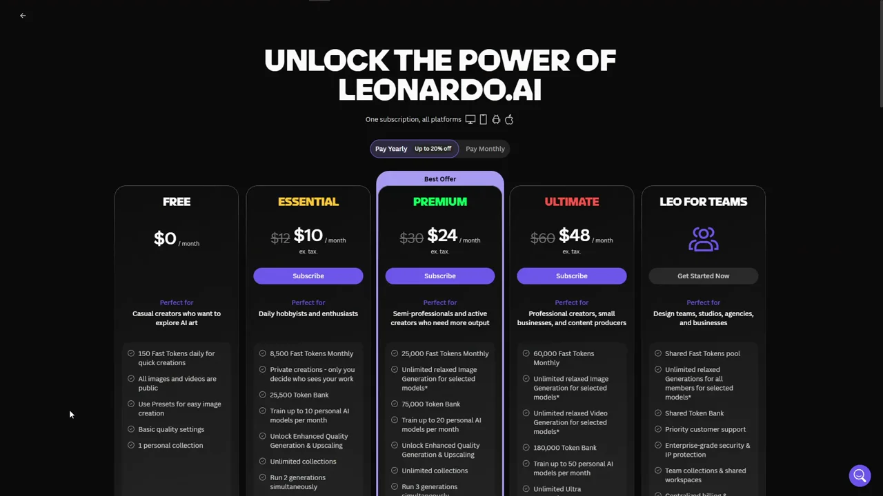 Leonardo.Ai の料金ページ。FREE $0（150 Fast Tokens daily、All images and videos are public、Basic quality settings）、ESSENTIAL $12→$10、PREMIUM $30→$24、ULTIMATE $60→$48 が並ぶ