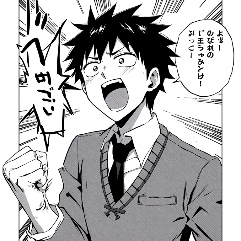 白黒の少年マンガの1コマ。制服の男子高校生が拳を握って叫んでいる。吹き出しの中の文字は崩れて読めない