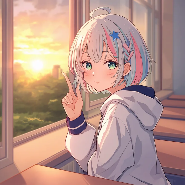 Leonardo.Ai で生成したアニメ調のイラスト。放課後の教室の窓際で、白・水色・ピンクの髪に青い星の髪飾りをつけた女の子が人差し指を立てて微笑む