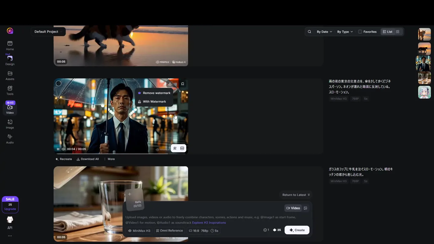 ダウンロードのメニュー。Remove watermark と With Watermark の2つが表示されている